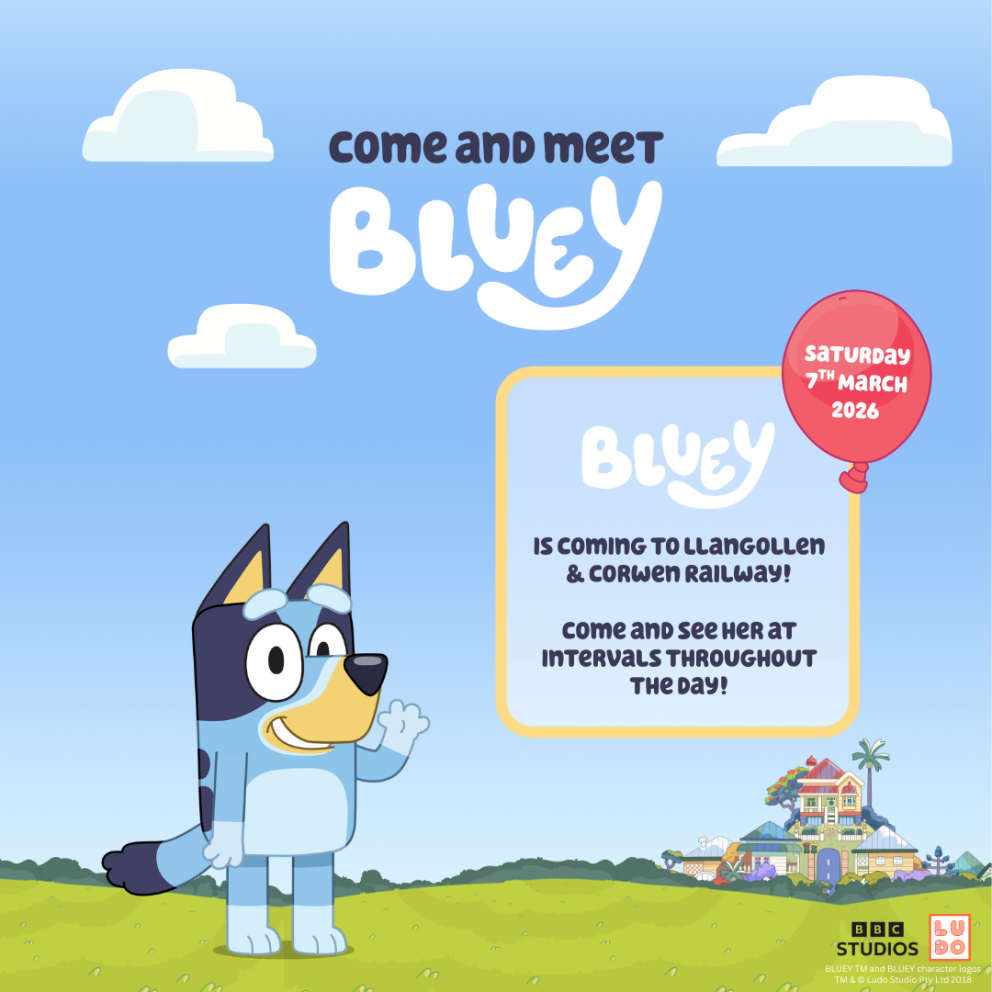 Bluey waving to promote a day at Llangollen Railway