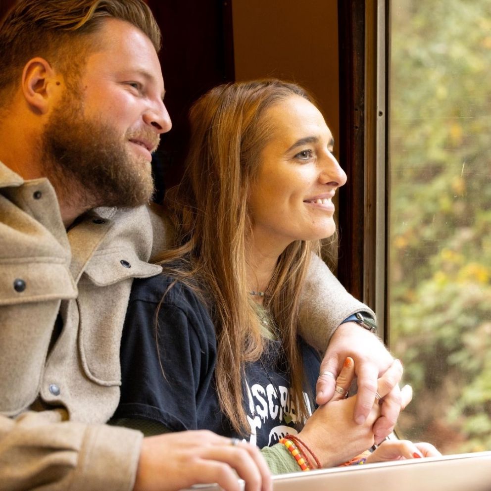 Couple enjoying the view out of the train window